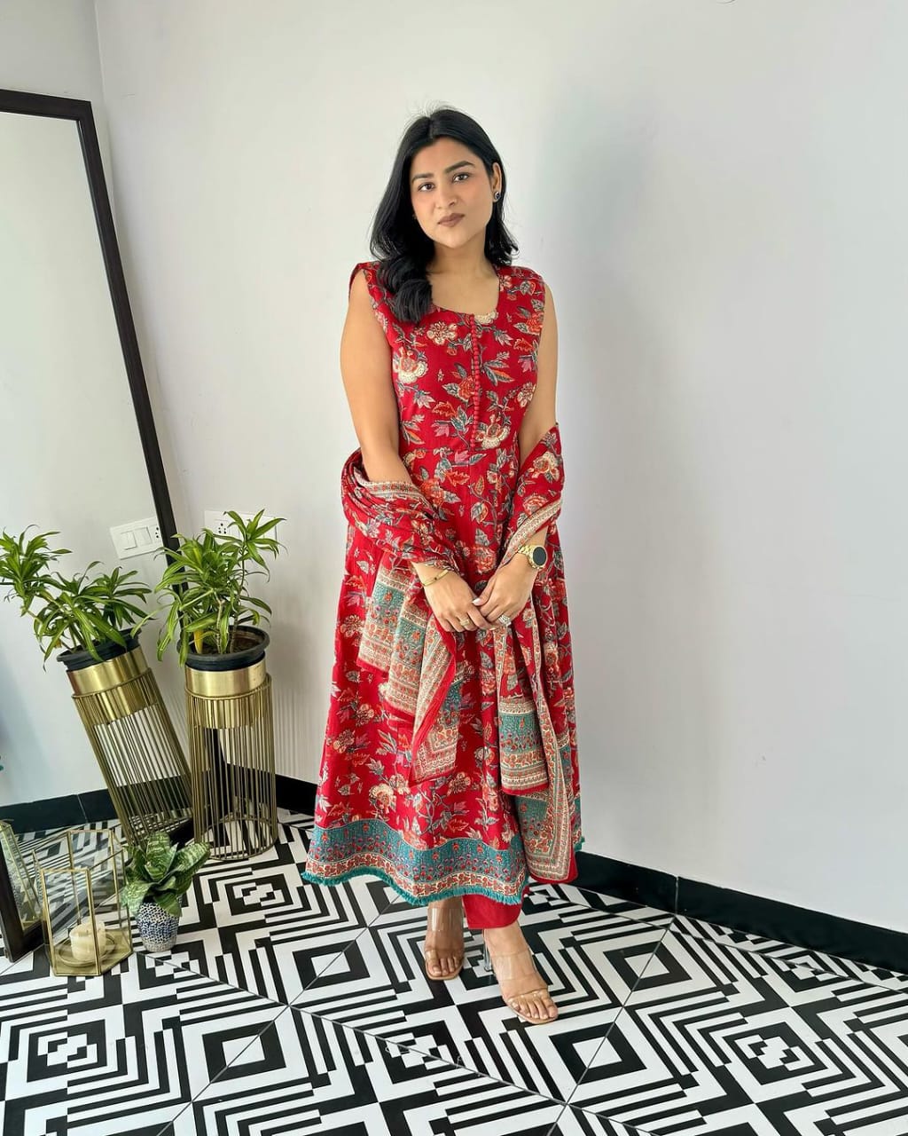 Red Printed Kurta Set with Jacket