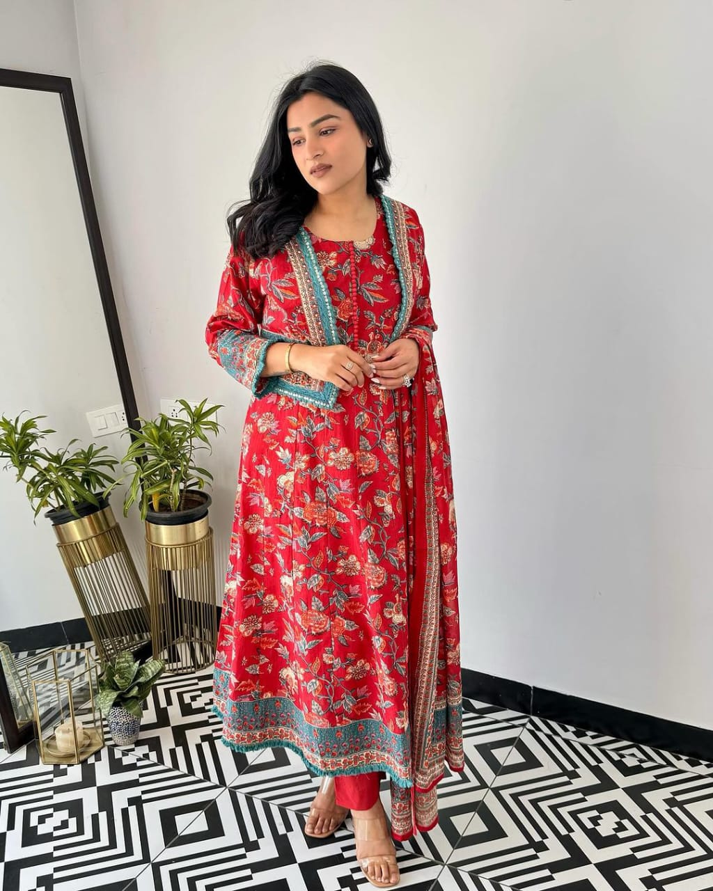 Red Printed Kurta Set with Jacket