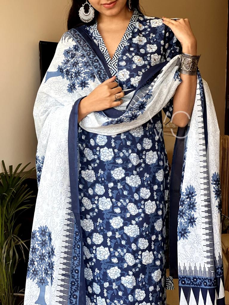 Blue Cotton Printed Kurta Set with Lace