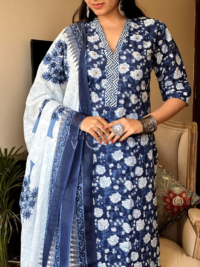 Blue Cotton Printed Kurta Set with Lace