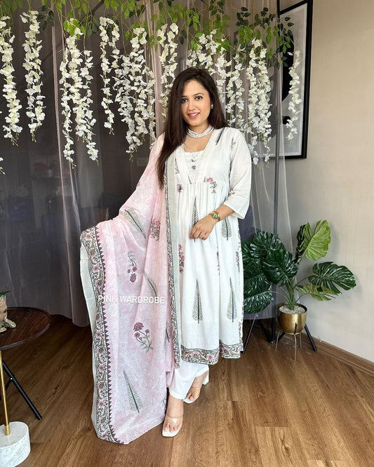 White and Pink HandBlock Printed Kurta Set