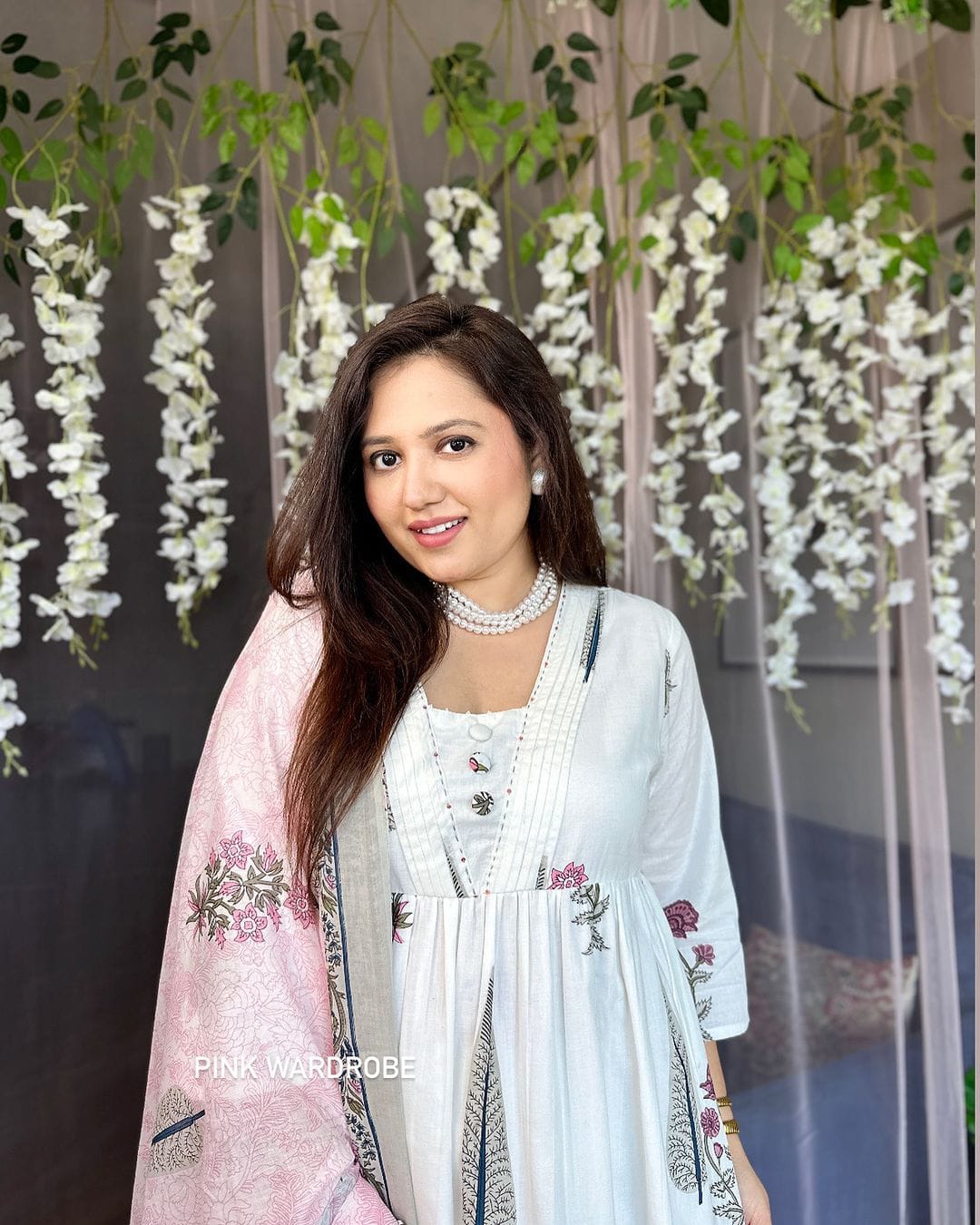 White and Pink HandBlock Printed Kurta Set