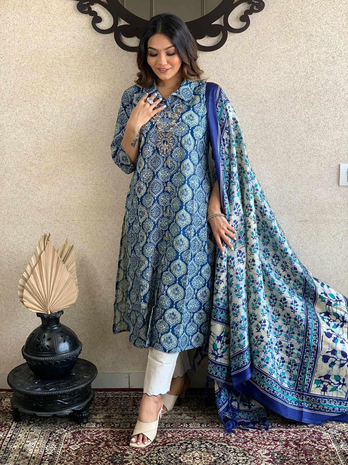 Blue Collared Ajrakh Printed Cotton Kurta Set