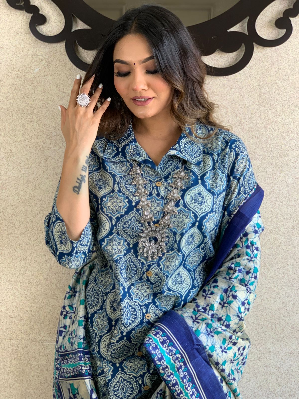 Blue Collared Ajrakh Printed Cotton Kurta Set