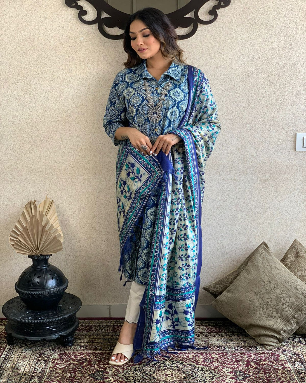 Blue Collared Ajrakh Printed Cotton Kurta Set