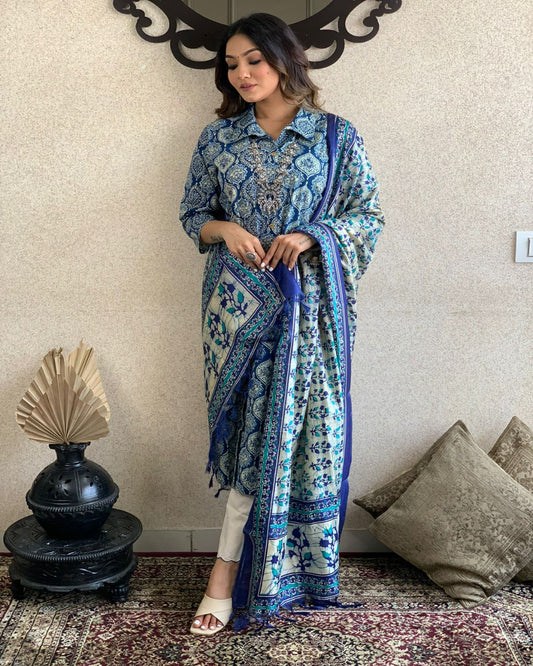 Blue Collared Ajrakh Printed Cotton Kurta Set
