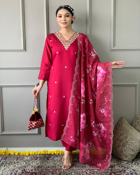 Red Embroidered Kurta Set