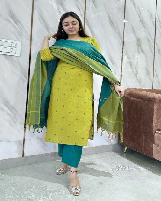 Yellow and Green Handloom Cotton Kurta Set