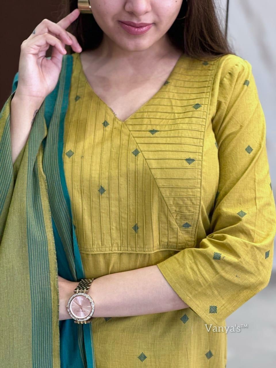 Yellow and Green Handloom Cotton Kurta Set