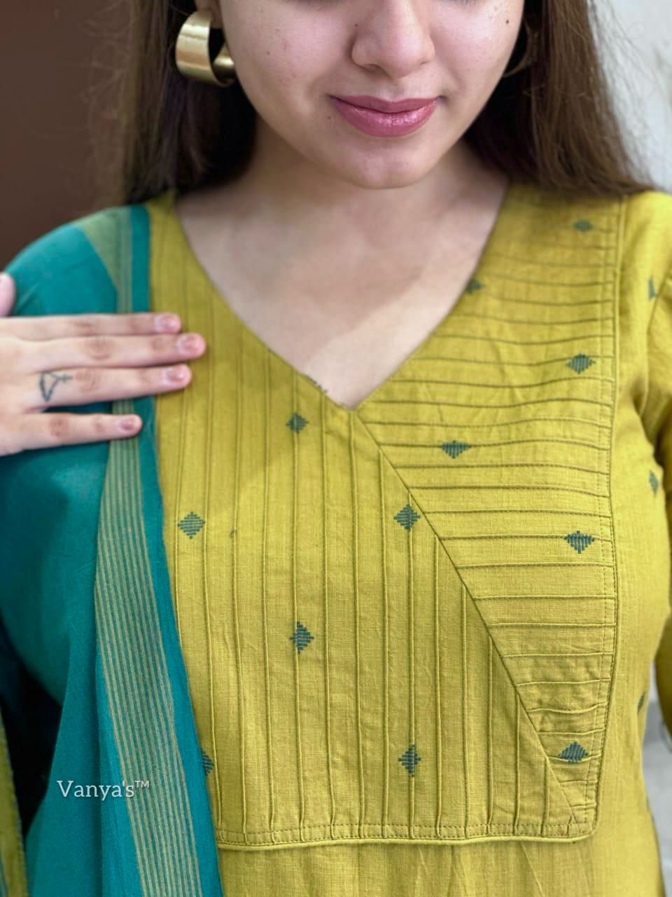 Yellow and Green Handloom Cotton Kurta Set