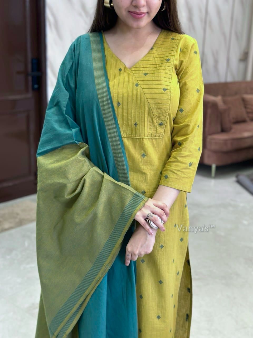 Yellow and Green Handloom Cotton Kurta Set