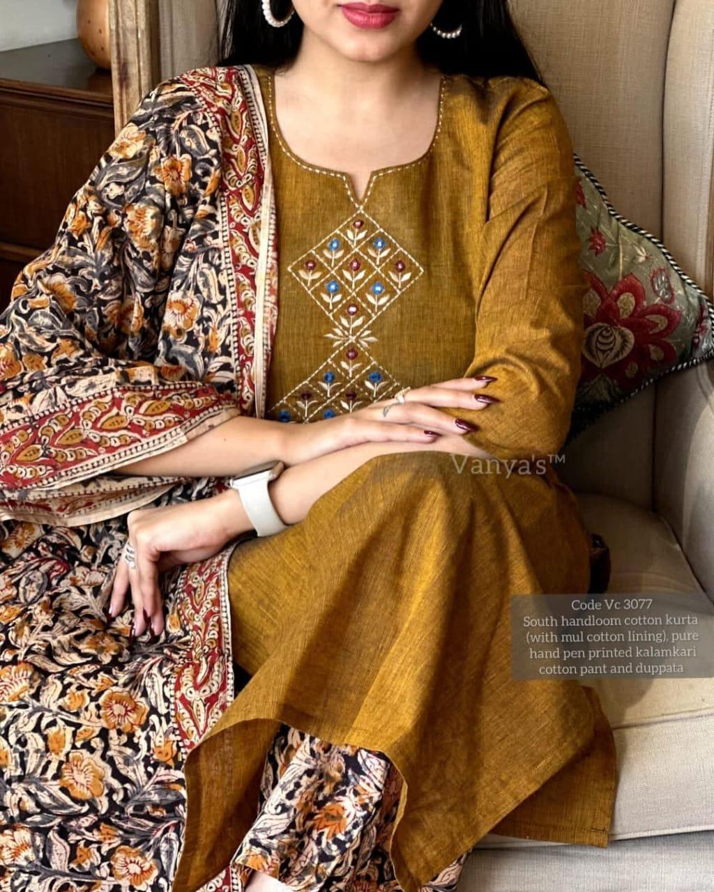 Mustard Brown Handloom Cotton Kurta Set