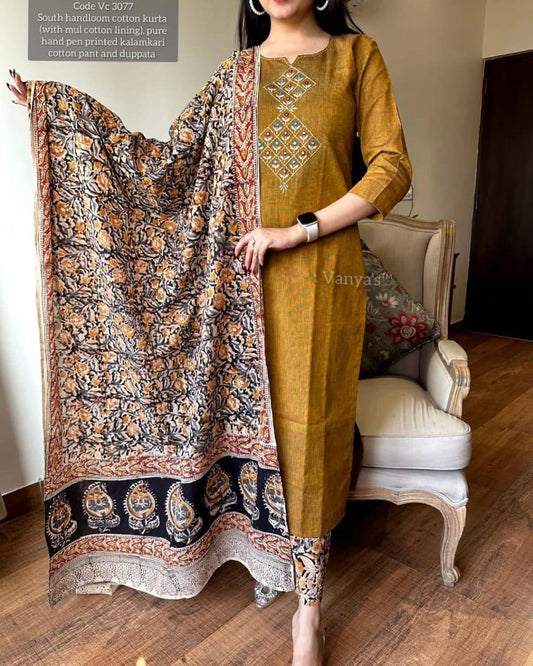 Mustard Brown Handloom Cotton Kurta Set