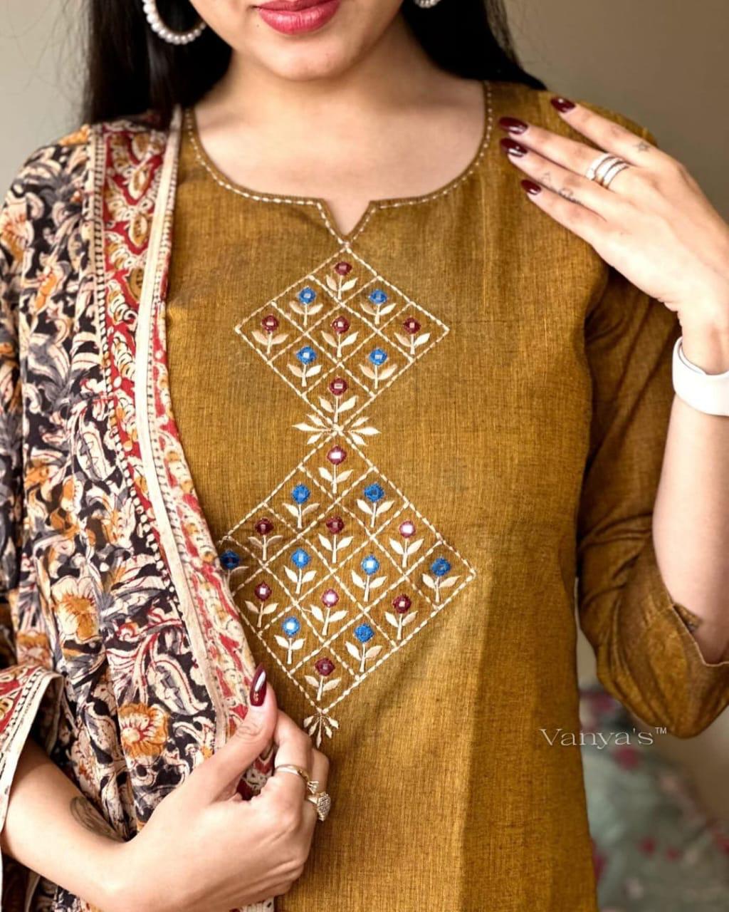Mustard Brown Handloom Cotton Kurta Set