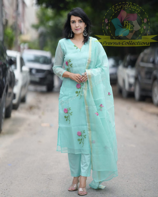 Pastel Blue Embroidered Kota Doria Kurta Set