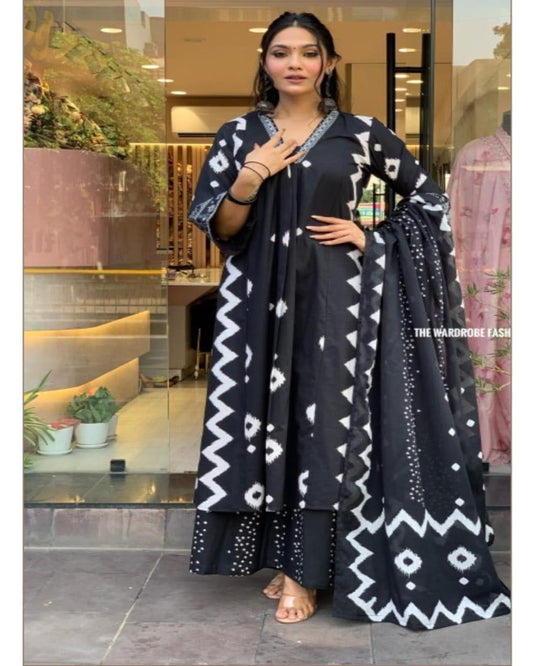 Black ZigZag Print Cotton Kurta Set