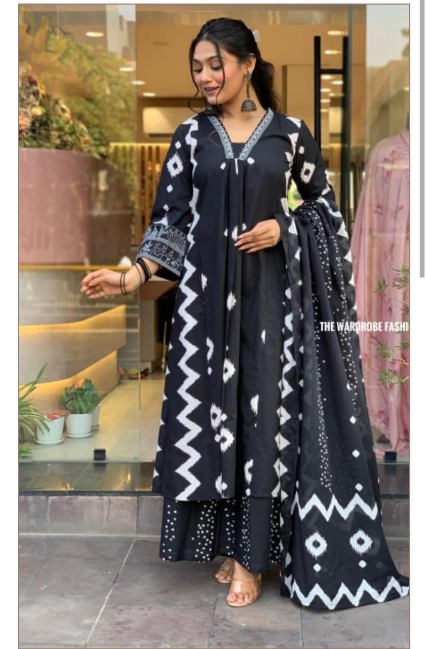 Black ZigZag Print Cotton Kurta Set