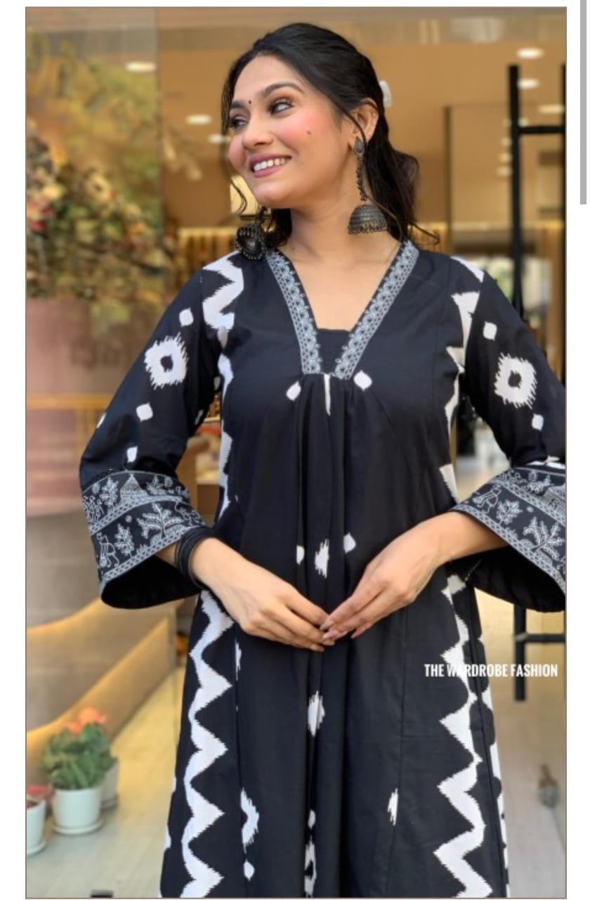 Black ZigZag Print Cotton Kurta Set