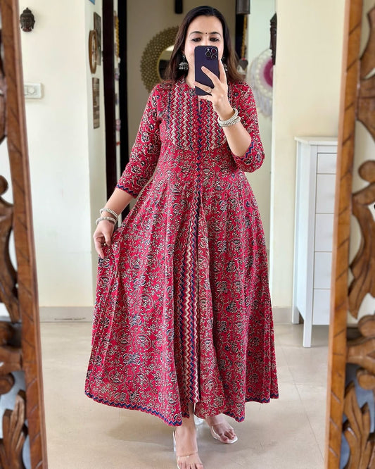 Red and Blue Double Layered Block Printed Kurta Set