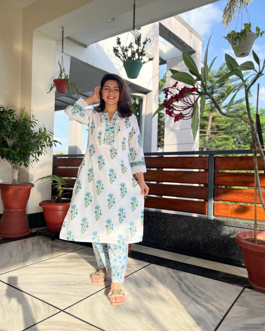 Block Printed Lace Kurta Pants Set