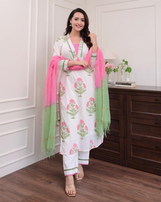 Pure Cotton Hand Block Floral Printed Kurta Set