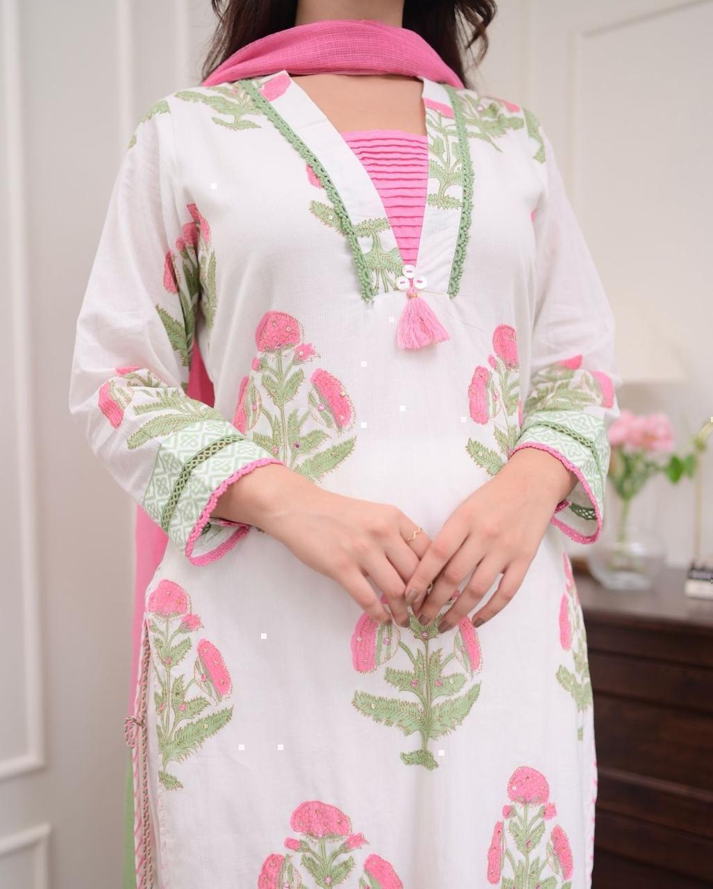 Pure Cotton Hand Block Floral Printed Kurta Set