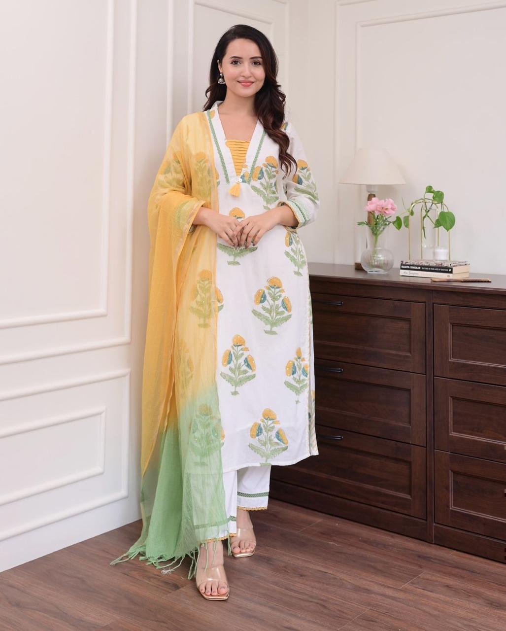 Pure Cotton Hand Block Floral Printed Kurta Set