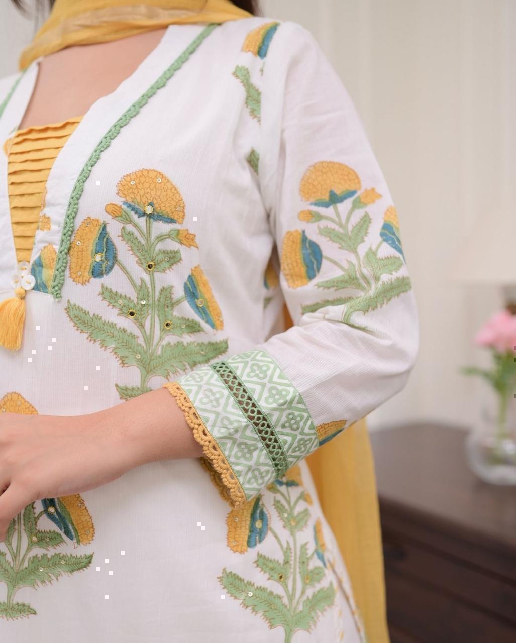 Pure Cotton Hand Block Floral Printed Kurta Set
