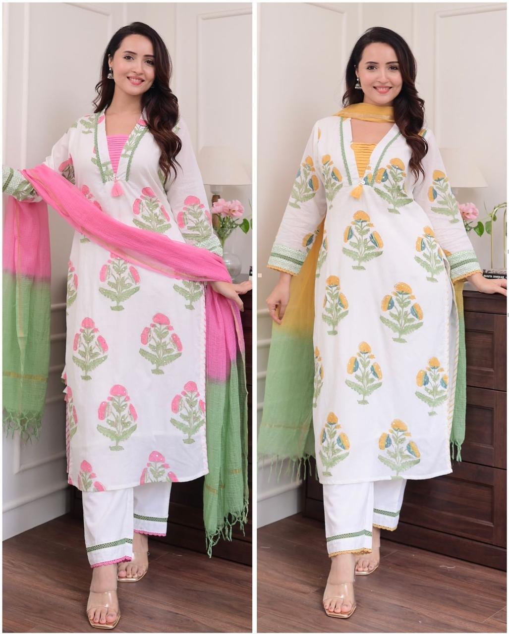 Pure Cotton Hand Block Floral Printed Kurta Set