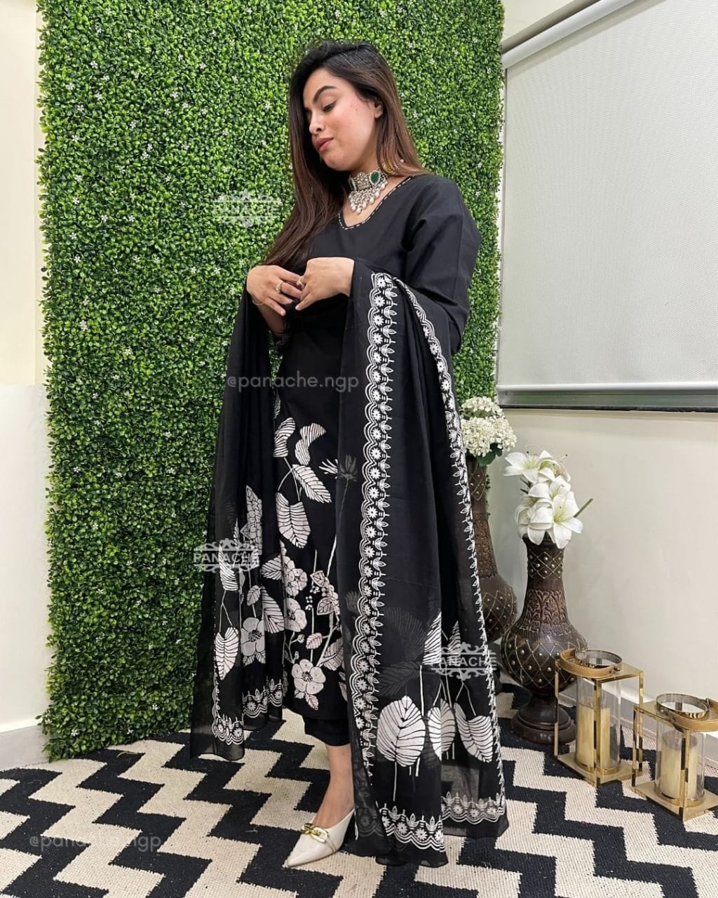 Black and White Printed Kurta Set