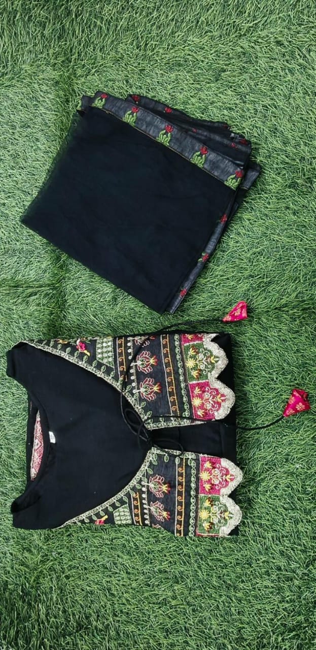 Black Jacket Style Zari Embroidered Kurta and Dupatta Set