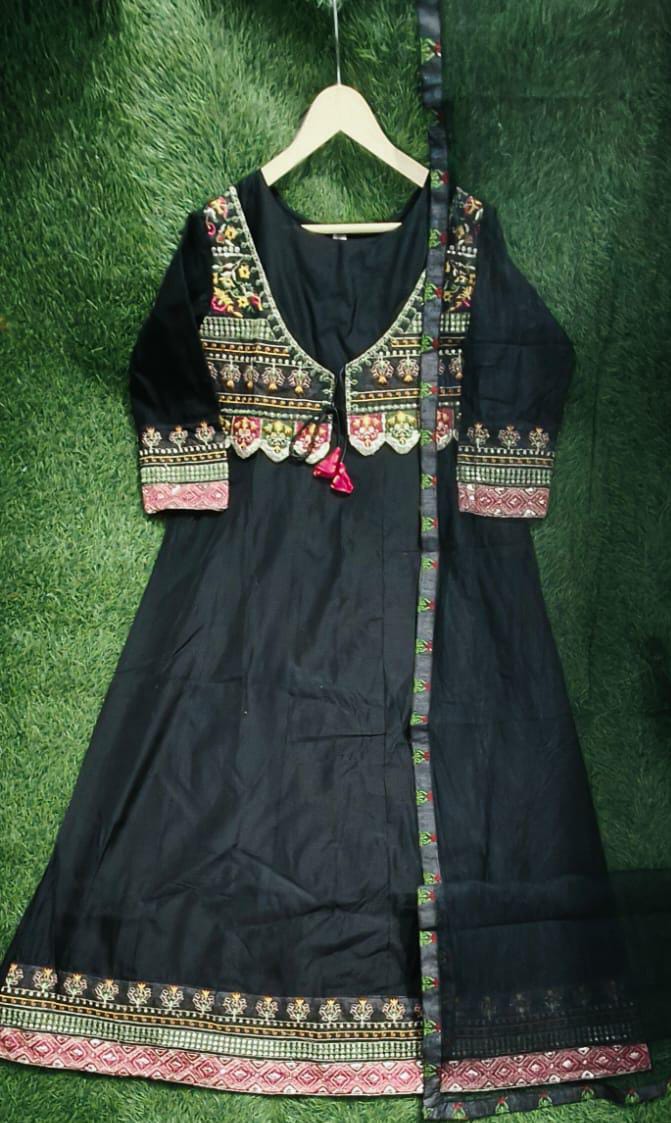 Black Jacket Style Zari Embroidered Kurta and Dupatta Set