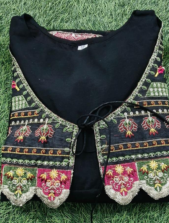 Black Jacket Style Zari Embroidered Kurta and Dupatta Set