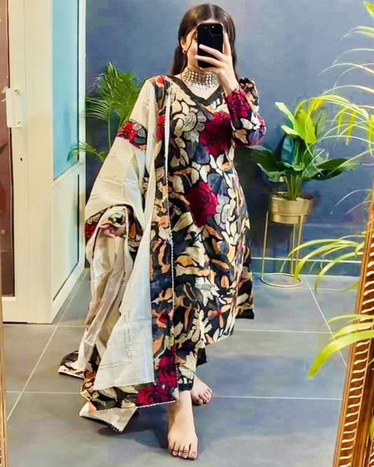 Black Multicoloured Floral Kurta Set