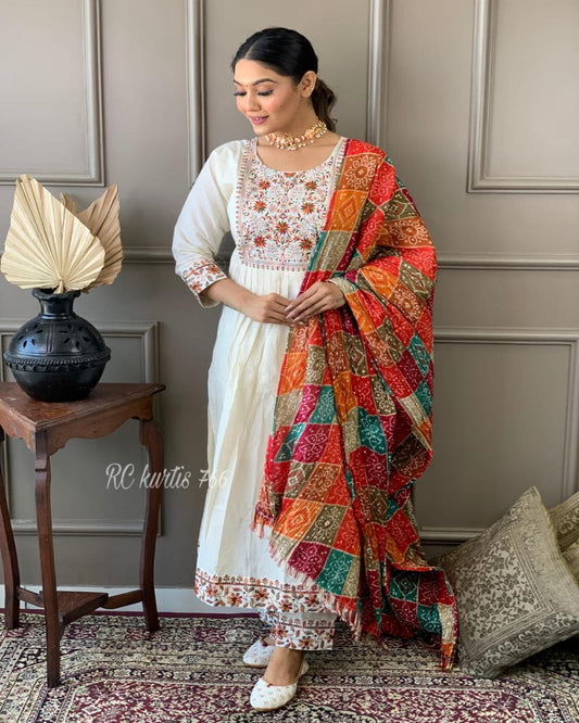 White Multicoloured Embroidered Kurta Set with dupatta
