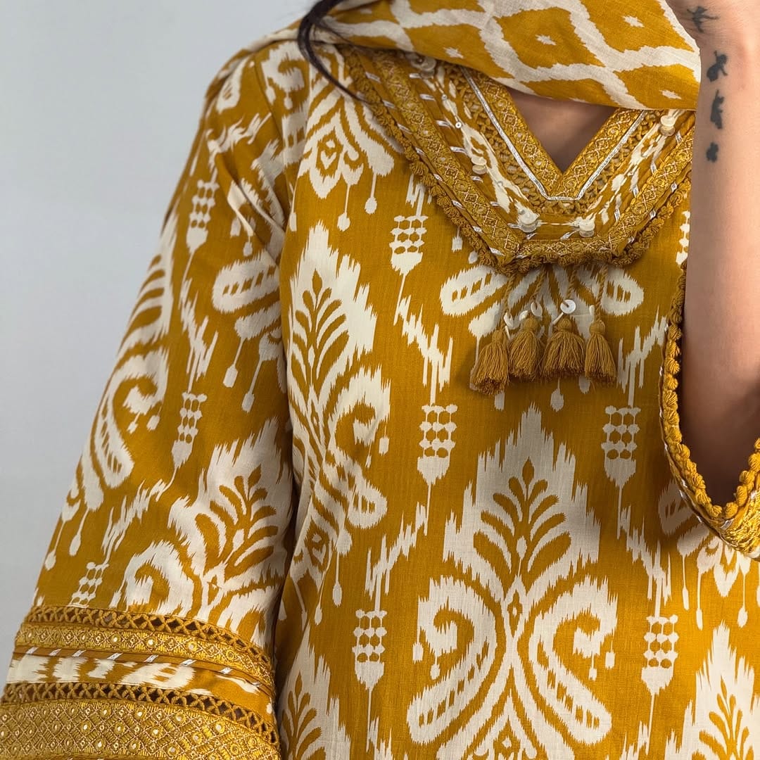 Ikat Style Print Embroidered Kurta Set