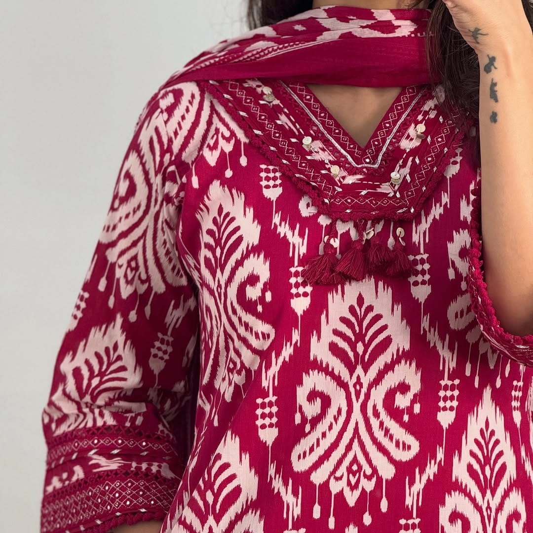 Ikat Style Print Embroidered Kurta Set