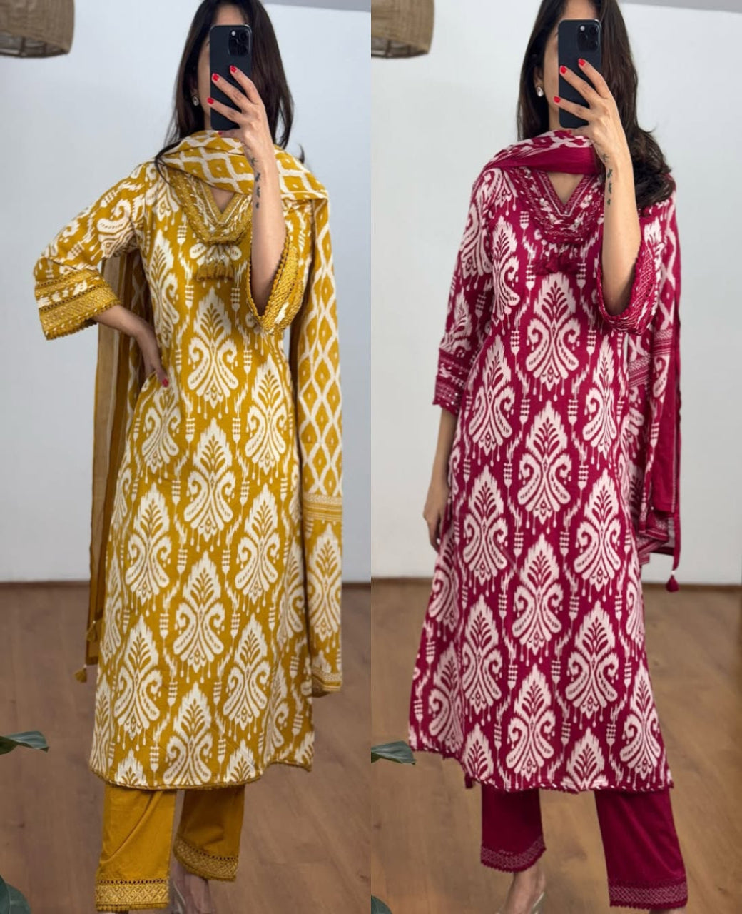 Ikat Style Print Embroidered Kurta Set