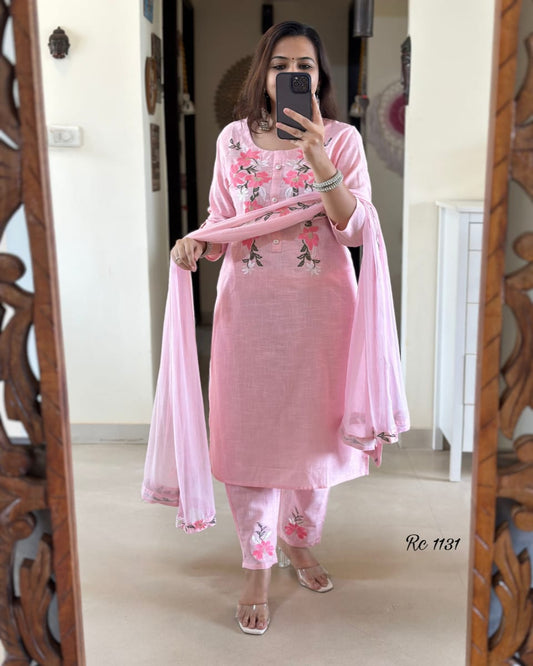 Pink Embroidered Cotton Kurta Set