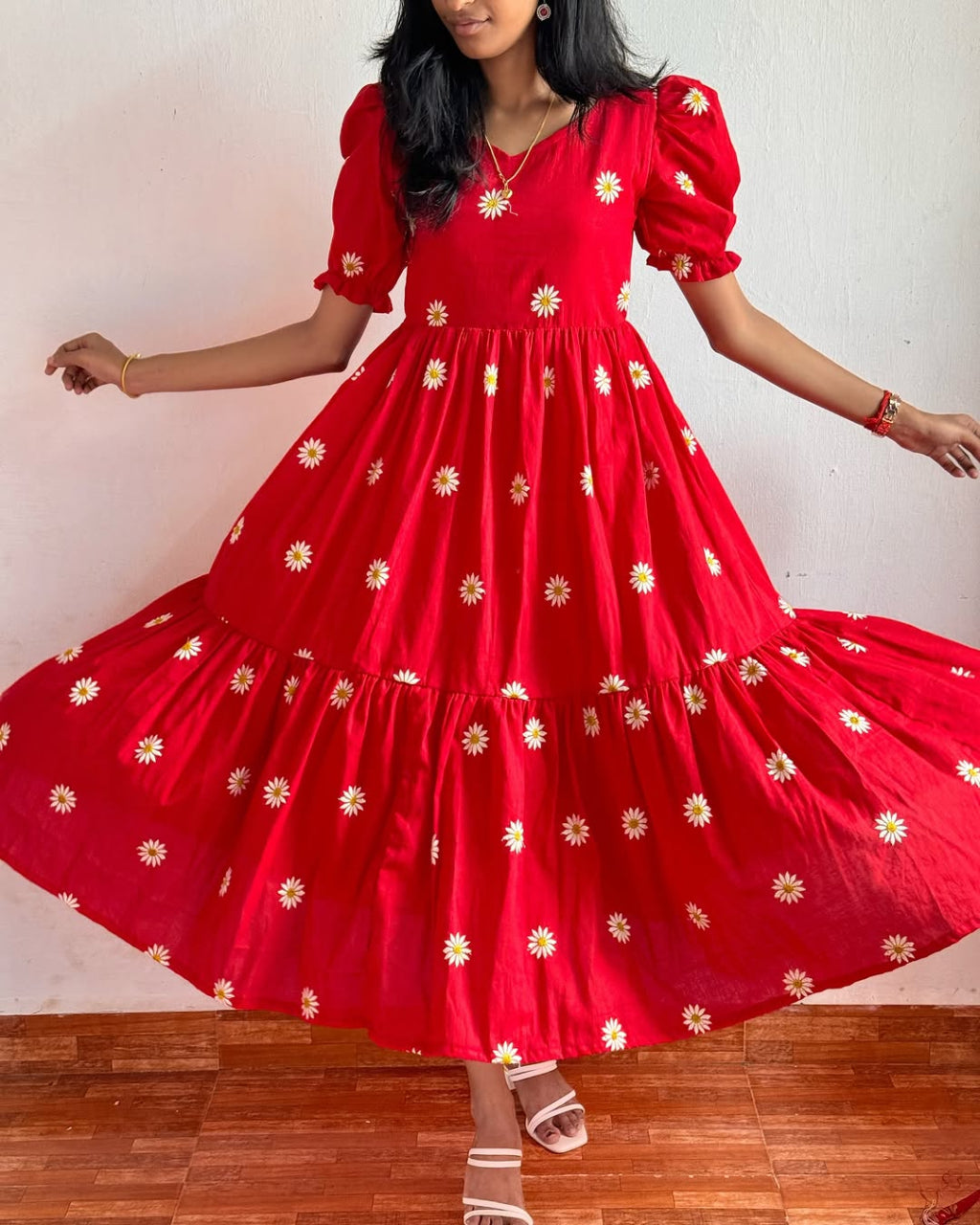 Flared Sunflower Embroidered Dress