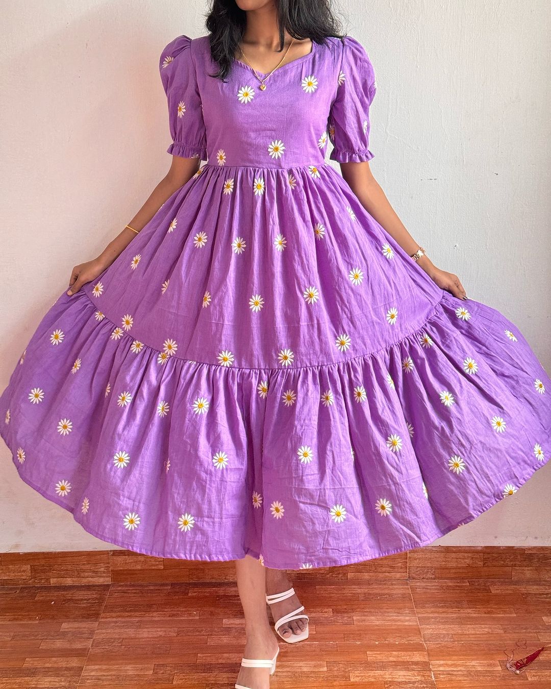 Flared Sunflower Embroidered Dress
