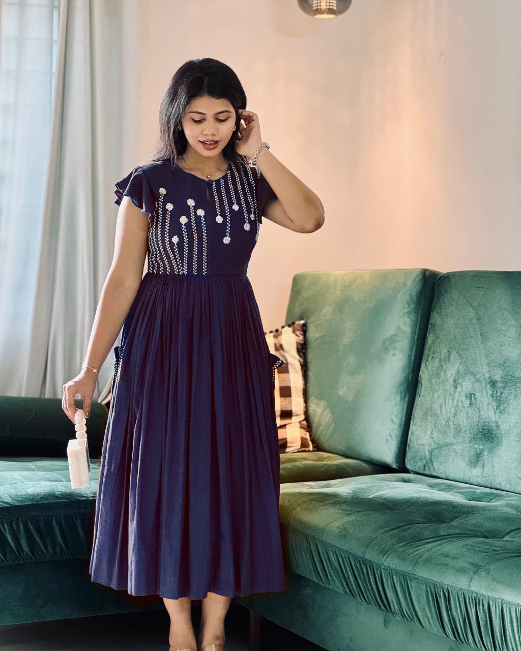 Dark Blue Embroidered Midi Dress