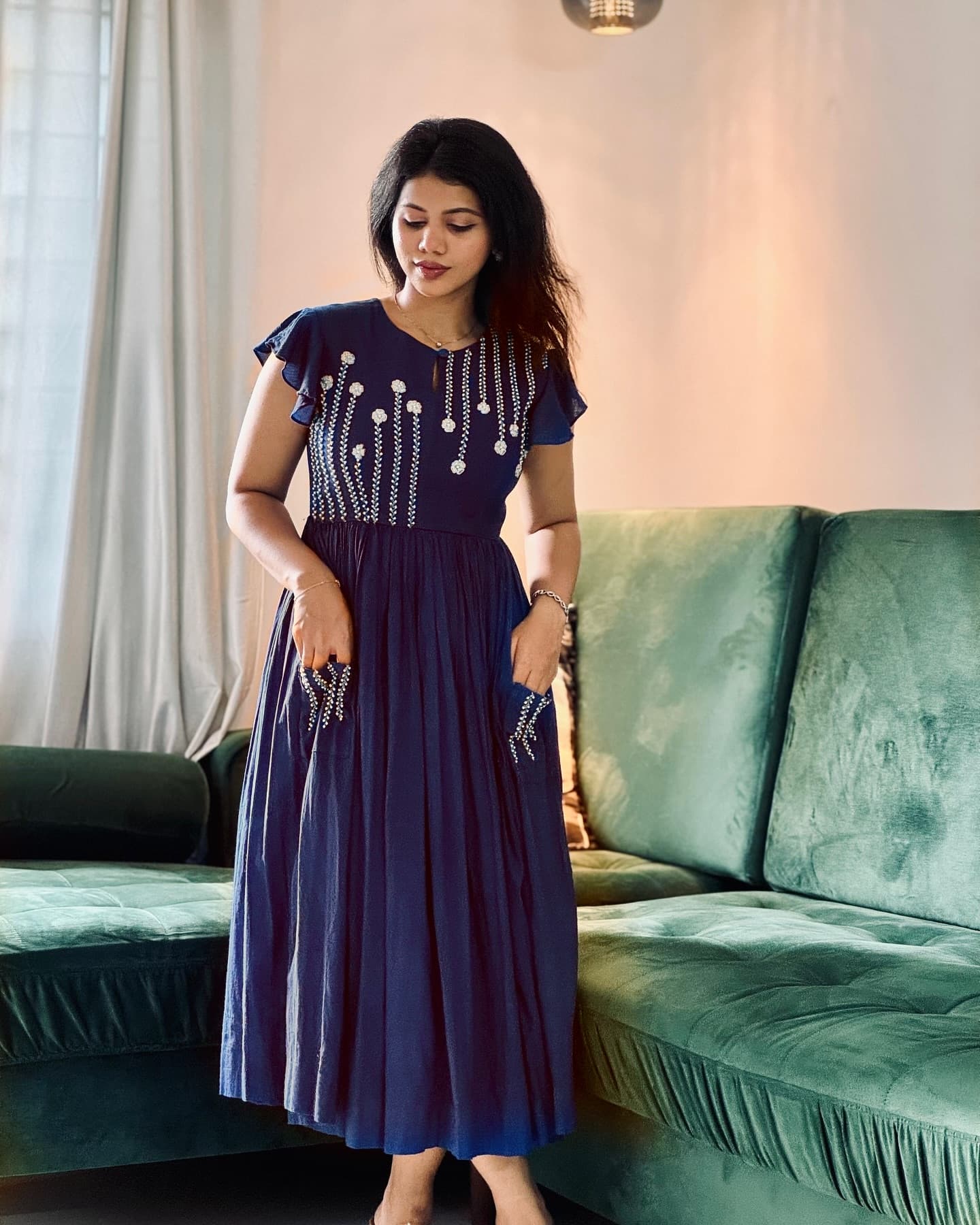Dark Blue Embroidered Midi Dress