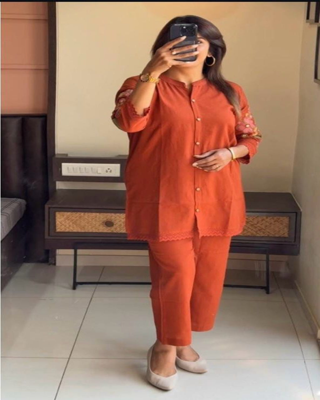 Orange Embroidered Cotton Co-ord Set