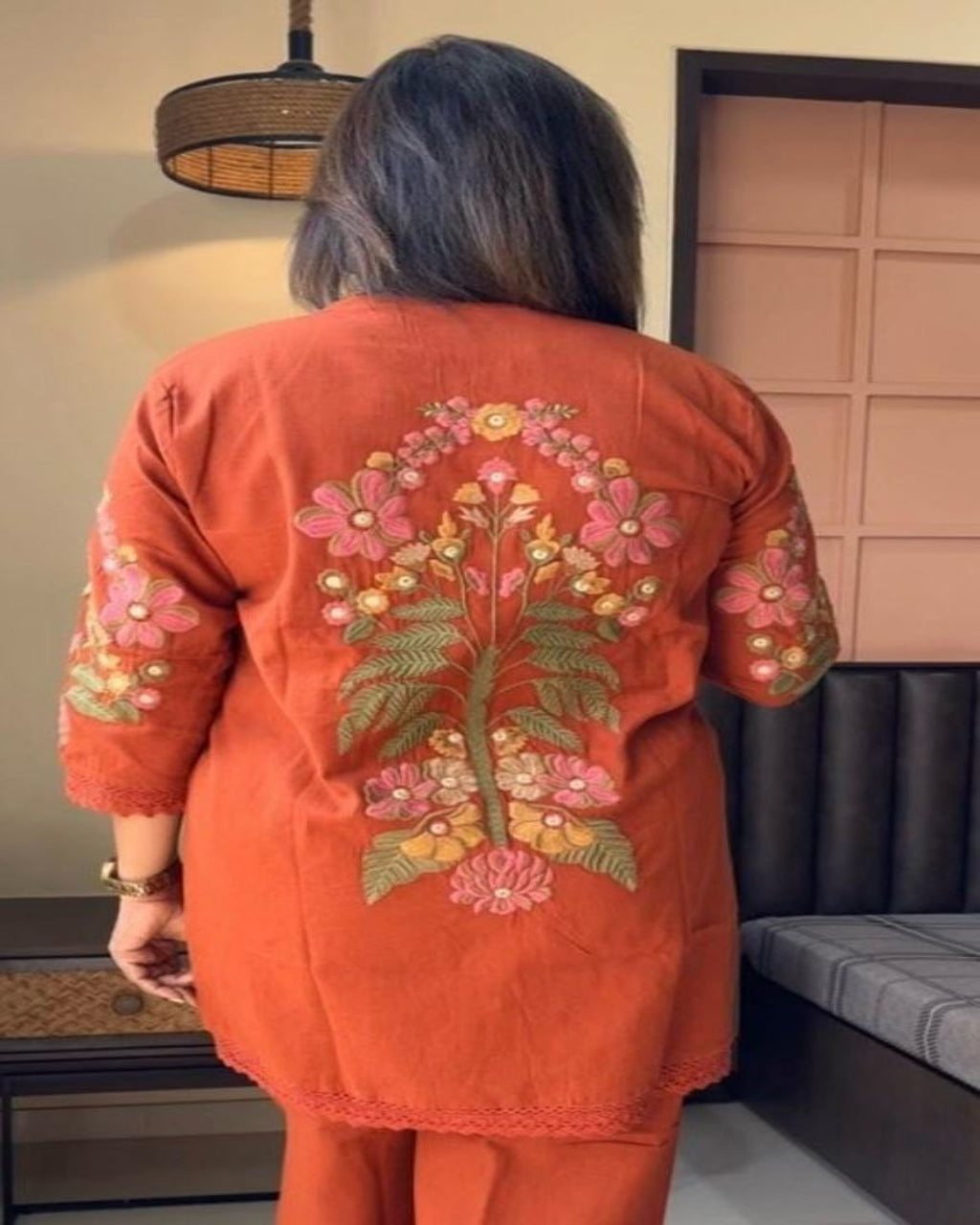 Orange Embroidered Cotton Co-ord Set