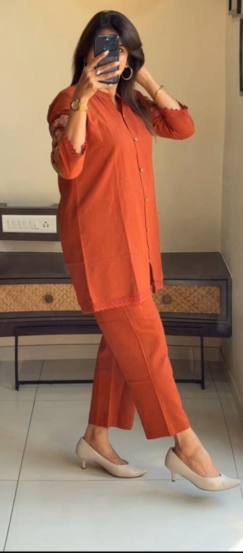 Orange Embroidered Cotton Co-ord Set