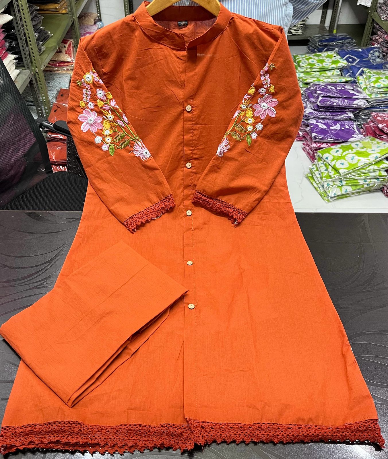 Orange Embroidered Cotton Co-ord Set