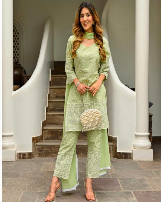 Green Chikankari Kurta Pants Set