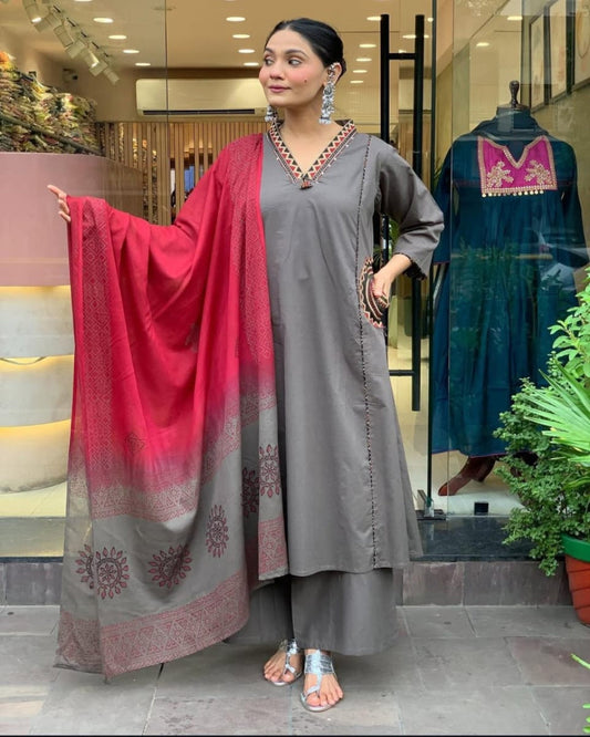 Gray and Pink Embroidered Pocket Kurta Set