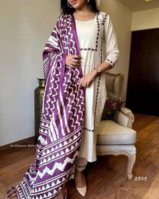 Khadi Cotton White And Purple Embroidered Kurta Set